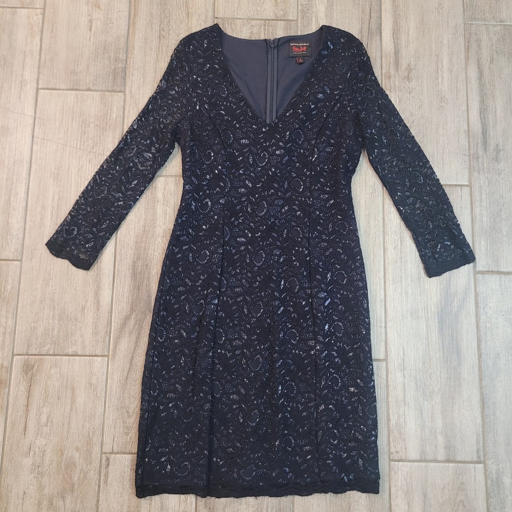 L'Wren Scott x Banana Republic Size 4 Lace Sheath Dress Women Navy Blue Metallic